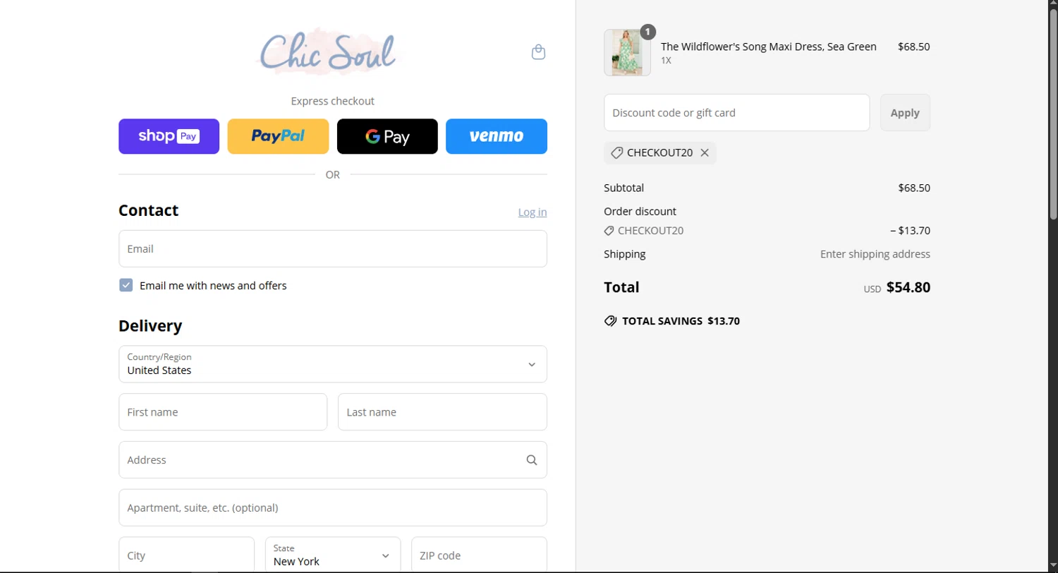 Chic Soul discount code screenshot showing code CHECKOUT20 applied at Chic Soul checkout page. Uploaded by SimplyCodes community member MagnificentFalcon188 on Jun 21, 2025