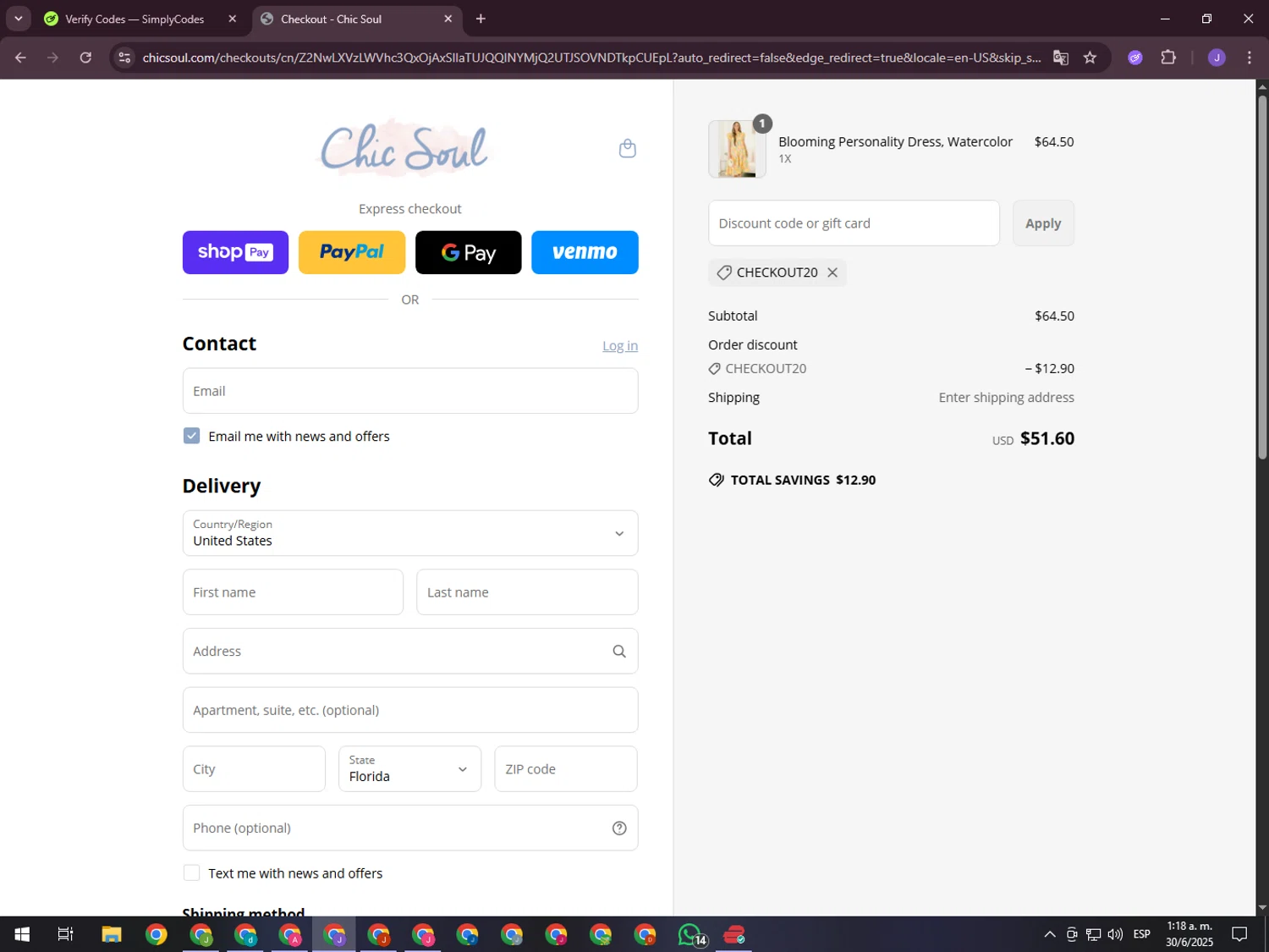 Chic Soul discount code screenshot showing code CHECKOUT20 applied at Chic Soul checkout page. Uploaded by SimplyCodes community member ValueHero2277 on Jun 30, 2025