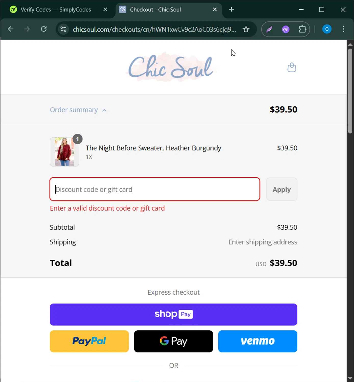 Chic Soul discount code screenshot showing code Happyhour applied at Chic Soul checkout page. Uploaded by SimplyCodes community member CodeScholar4340 on Aug 19, 2025