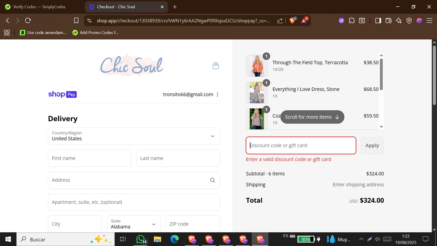 Chic Soul discount code screenshot showing code Happyhour applied at Chic Soul checkout page. Uploaded by SimplyCodes community member MoneyShopper1883 on Aug 19, 2025