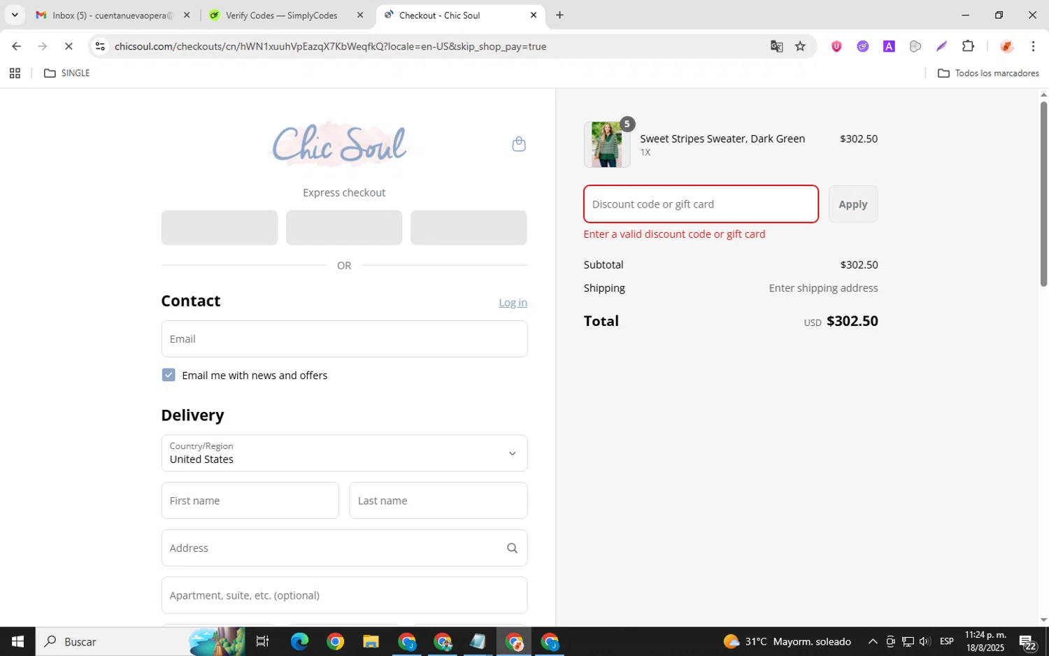 Chic Soul discount code screenshot showing code Happyhour applied at Chic Soul checkout page. Uploaded by SimplyCodes community member chemozavala on Aug 19, 2025