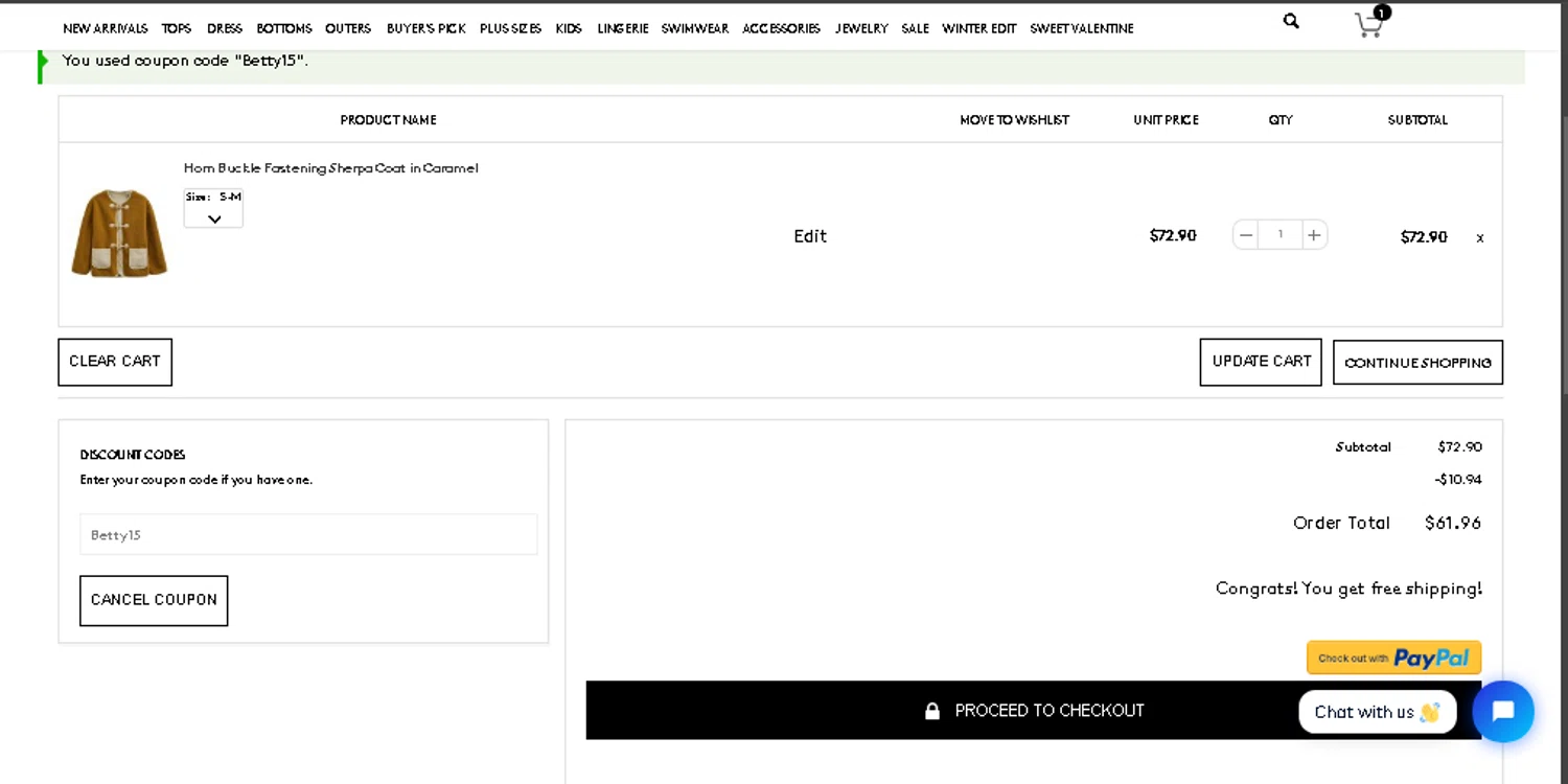 Chicwish promo code screenshot showing code Betty15 applied at Chicwish checkout page. Uploaded by SimplyCodes community member jholaurimar08 on Jan 22, 2025