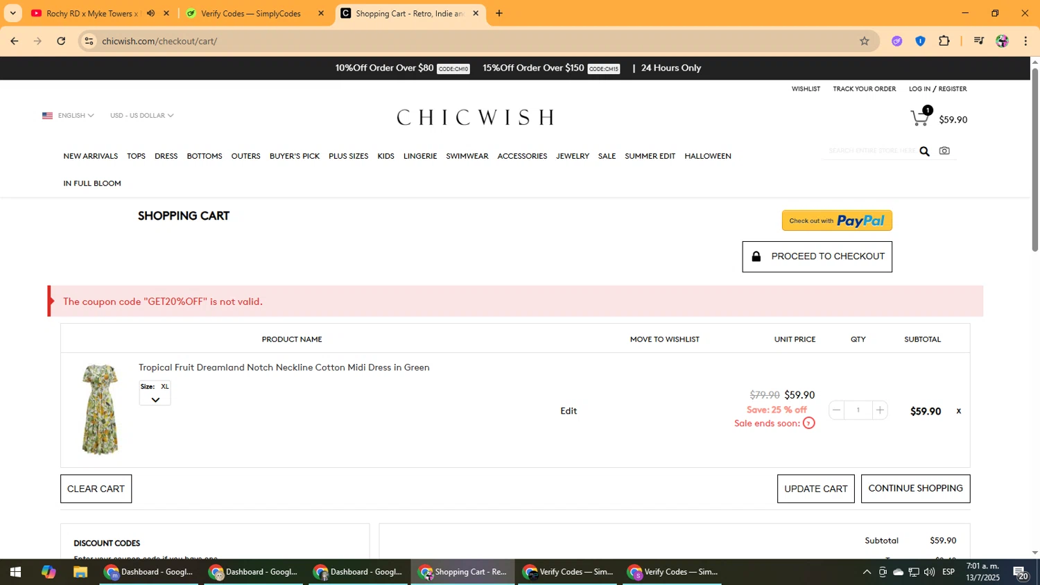 Chicwish promo code screenshot showing code GET20%OFF applied at Chicwish checkout page. Uploaded by SimplyCodes community member Vanmanuel on Jul 13, 2025