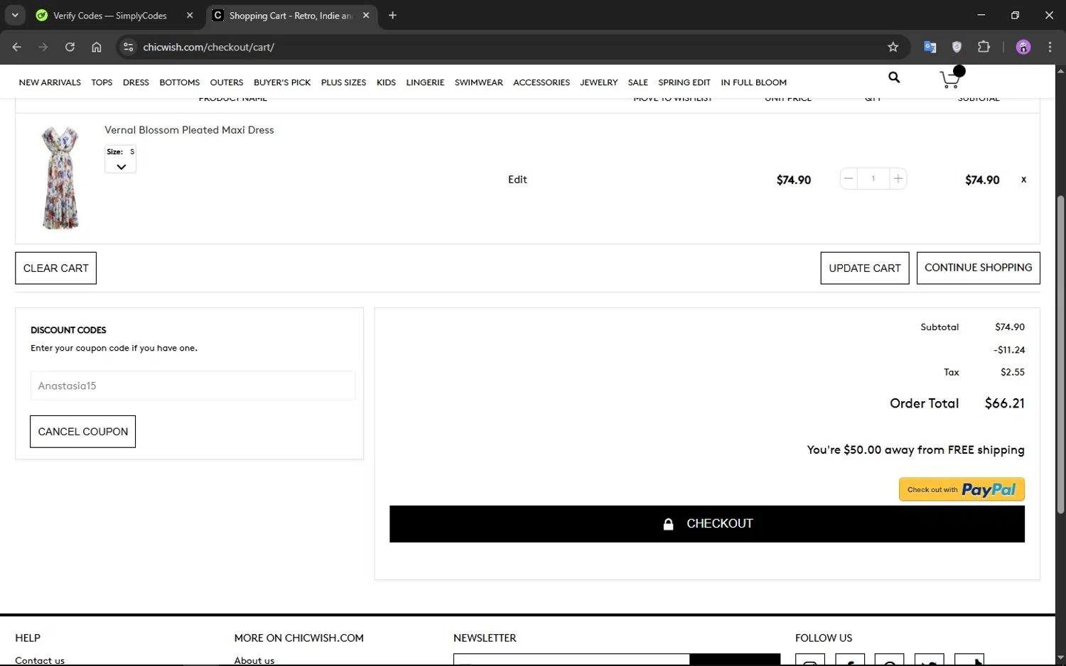 Chicwish promo code screenshot showing code Anastasia15 applied at Chicwish checkout page. Uploaded by SimplyCodes community member CrownMaestro9486 on Apr 29, 2025