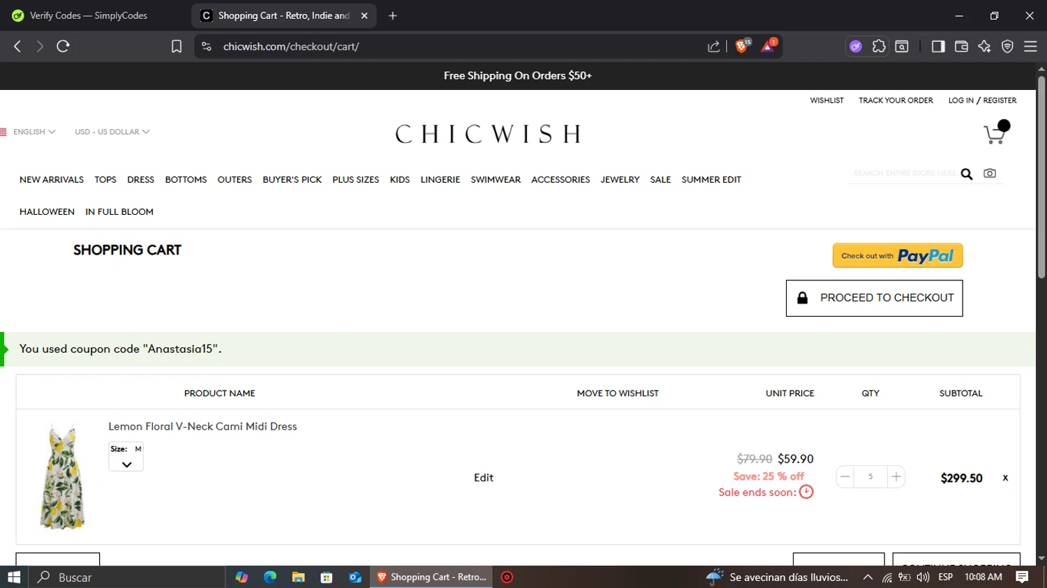 Chicwish promo code screenshot showing code Anastasia15 applied at Chicwish checkout page. Uploaded by SimplyCodes community member jairinho on Jul 10, 2025