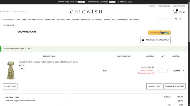 Chicwish checkout page showing Chicwish promo code box | Screenshot taken by SimplyCodes community member on Aug 3, 2025