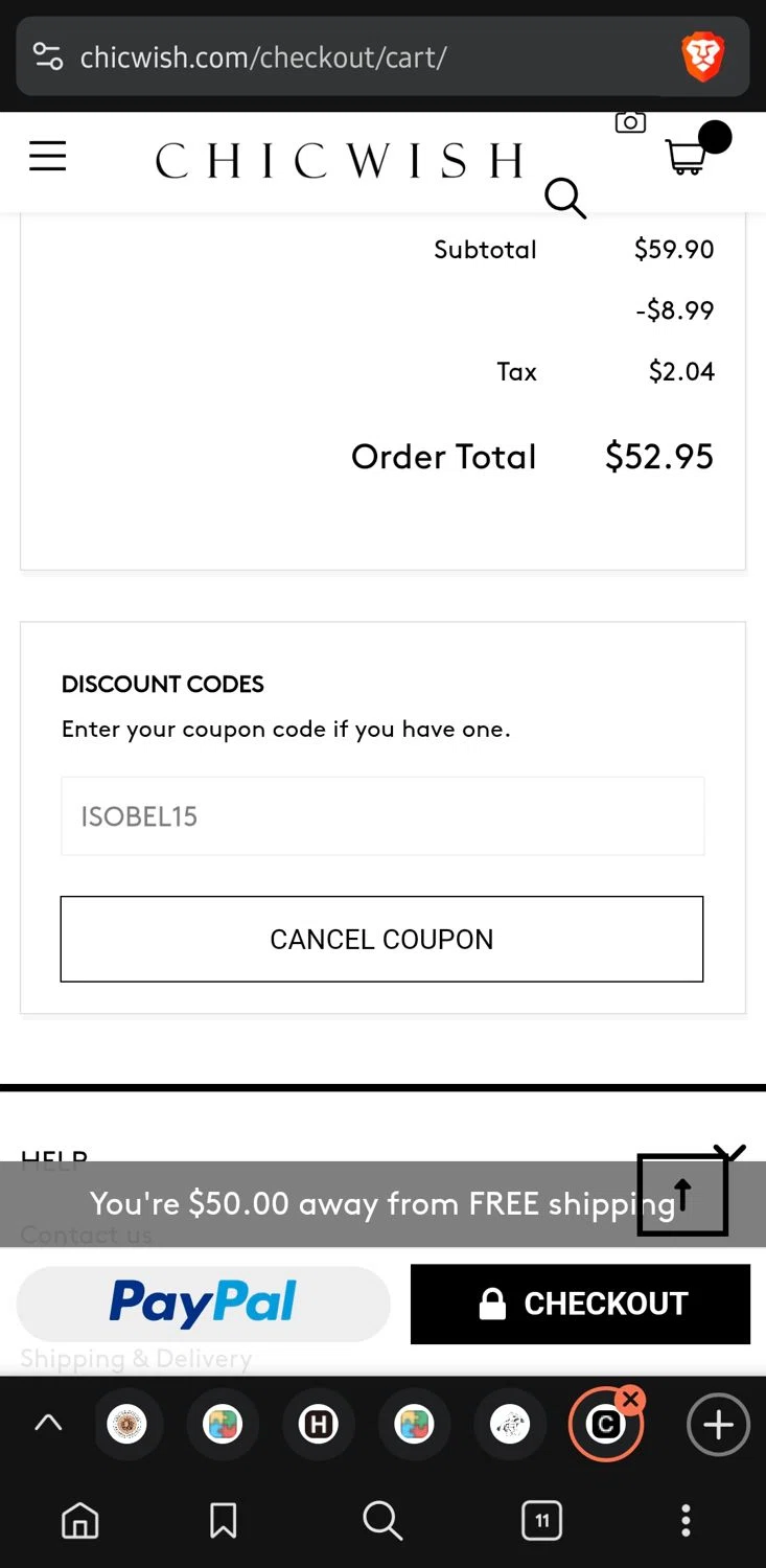 Chicwish promo code screenshot showing code ISOBEL15 applied at Chicwish checkout page. Uploaded by SimplyCodes community member GoldLynx7797 on Jun 14, 2025
