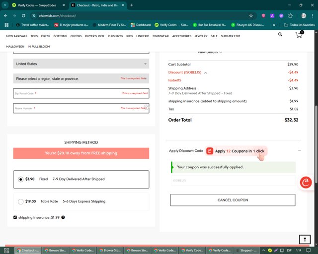 Chicwish checkout page showing Chicwish promo code box | Screenshot taken by SimplyCodes community member on Aug 11, 2025