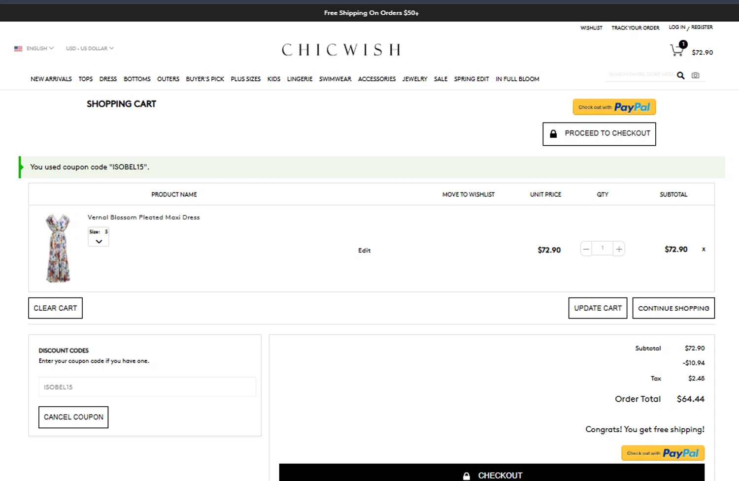 Chicwish promo code screenshot showing code ISOBEL15 applied at Chicwish checkout page. Uploaded by SimplyCodes community member SavvyAdmiral5704 on Apr 17, 2025