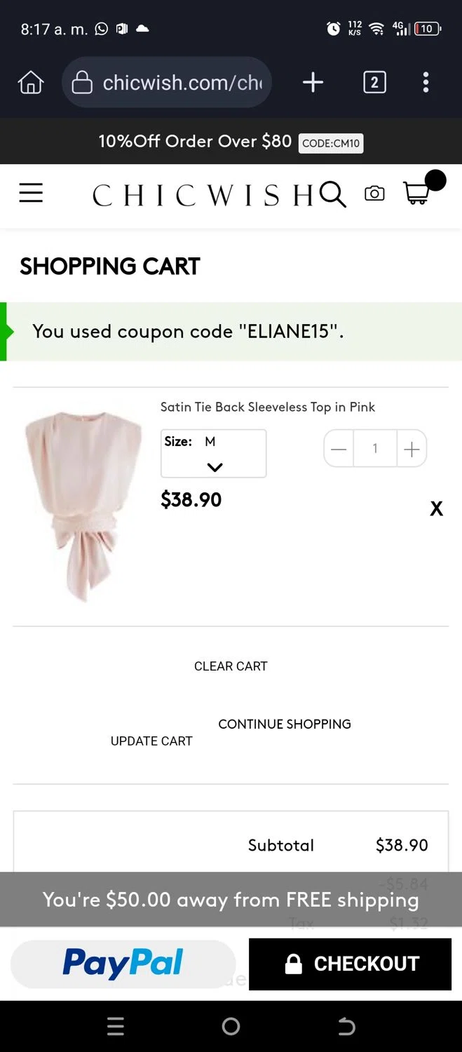 Chicwish promo code screenshot showing code ELIANE15 applied at Chicwish checkout page. Uploaded by SimplyCodes community member JuanChi on Aug 23, 2025