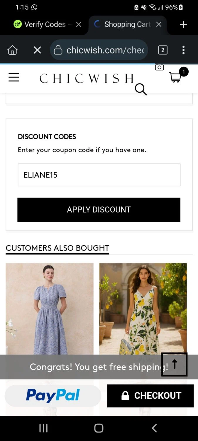 Chicwish promo code screenshot showing code ELIANE15 applied at Chicwish checkout page. Uploaded by SimplyCodes community member Yanderson08 on Jun 26, 2025