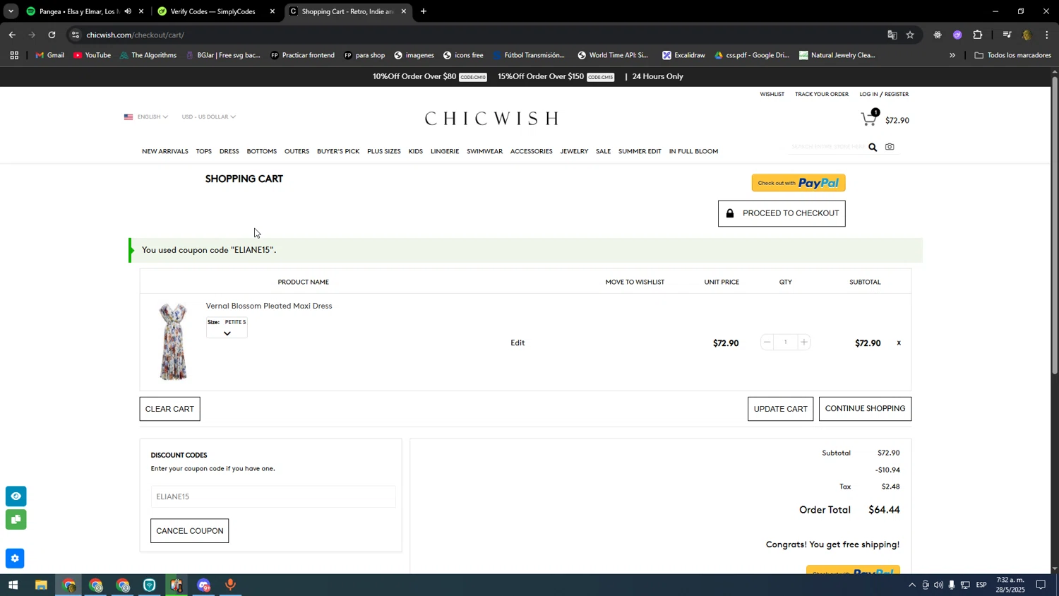 Chicwish promo code screenshot showing code ELIANE15 applied at Chicwish checkout page. Uploaded by SimplyCodes community member nomoney on May 28, 2025
