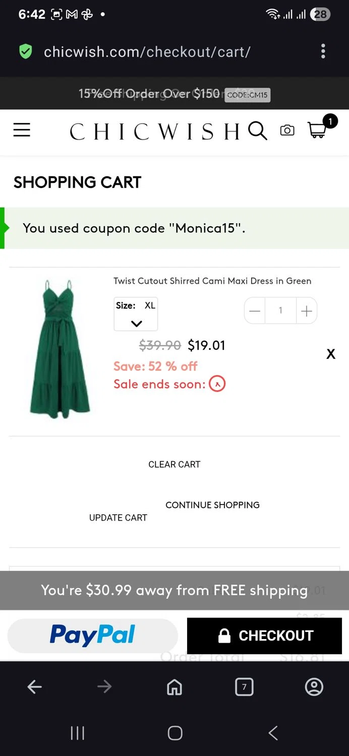 Chicwish promo code screenshot showing code Monica15 applied at Chicwish checkout page. Uploaded by SimplyCodes community member vida5254427716958 on Aug 25, 2025