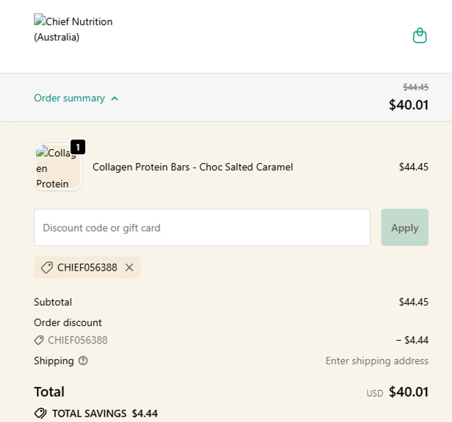 Chief Nutrition discount code screenshot showing code CHIEF056388 applied at Chief Nutrition checkout page. Uploaded by SimplyCodes community member DealAce7643 on Dec 4, 2025