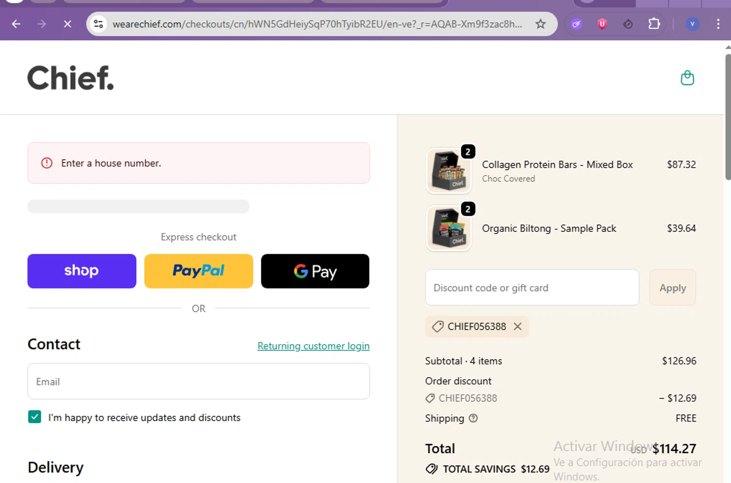 Chief Nutrition discount code screenshot showing code CHIEF056388 applied at Chief Nutrition checkout page. Uploaded by SimplyCodes community member beatrizcastillo on Nov 19, 2025