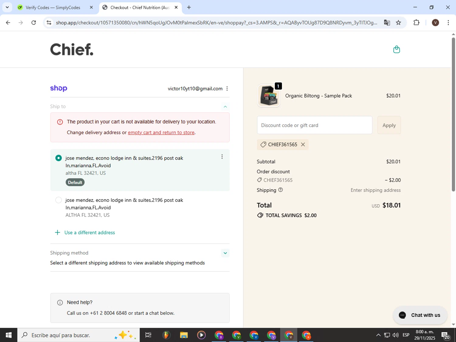 Chief Nutrition discount code screenshot showing code CHIEF361565 applied at Chief Nutrition checkout page. Uploaded by SimplyCodes community member CashLion3448 on Nov 29, 2025