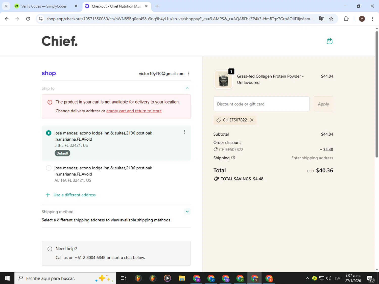 Chief Nutrition discount code screenshot showing code CHIEF507822 applied at Chief Nutrition checkout page. Uploaded by SimplyCodes community member CashLion3448 on Jan 27, 2026