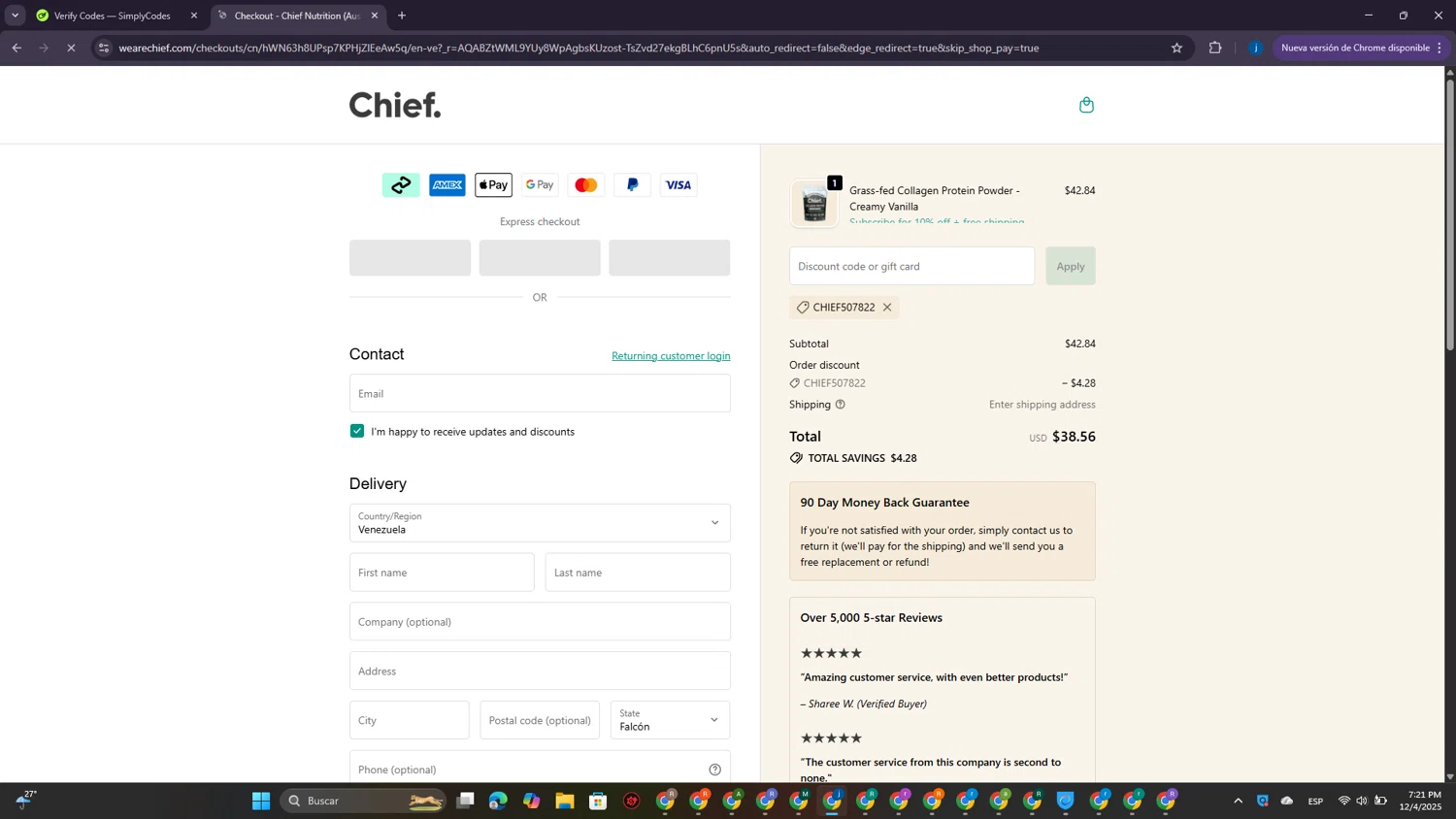 Chief Nutrition discount code screenshot showing code CHIEF507822 applied at Chief Nutrition checkout page. Uploaded by SimplyCodes community member CrownElite7615 on Dec 4, 2025