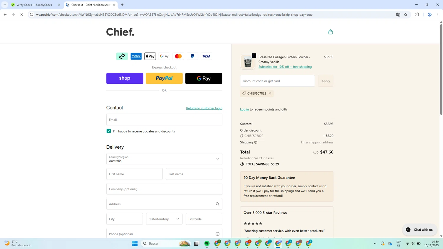 Chief Nutrition discount code screenshot showing code CHIEF507822 applied at Chief Nutrition checkout page. Uploaded by SimplyCodes community member MagnificentCaptain7552 on Dec 10, 2025