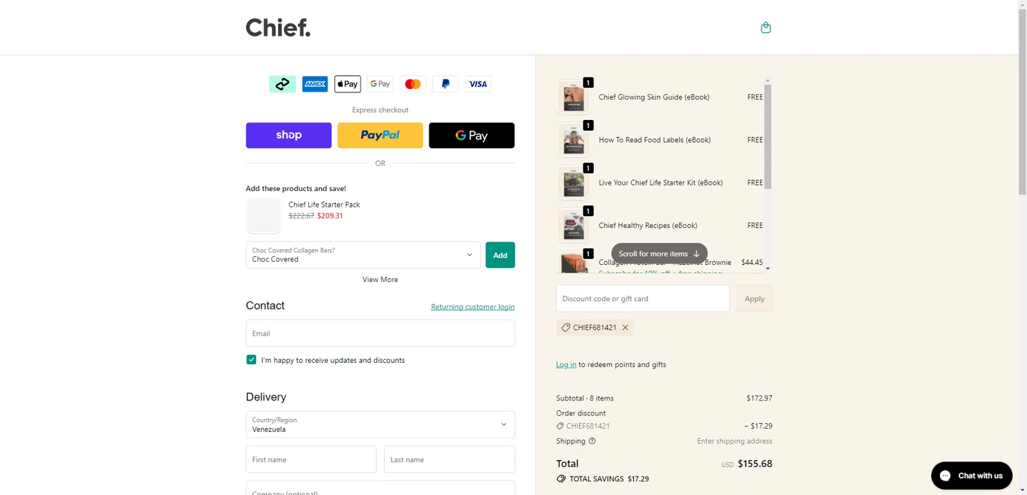 Chief Nutrition discount code screenshot showing code CHIEF681421 applied at Chief Nutrition checkout page. Uploaded by SimplyCodes community member TreasureKnight4134 on Dec 4, 2025
