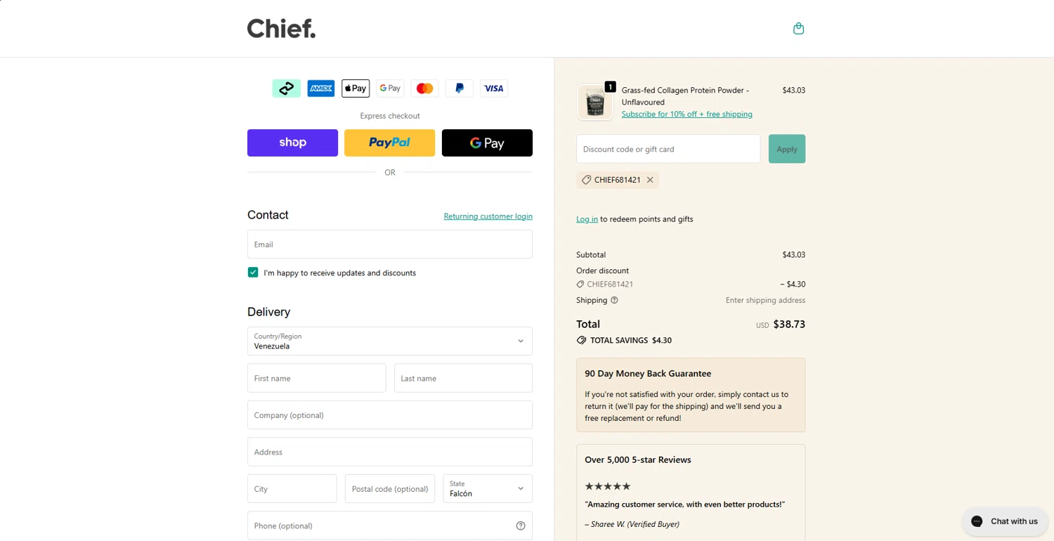 Chief Nutrition discount code screenshot showing code CHIEF681421 applied at Chief Nutrition checkout page. Uploaded by SimplyCodes community member holasfosi on Dec 10, 2025