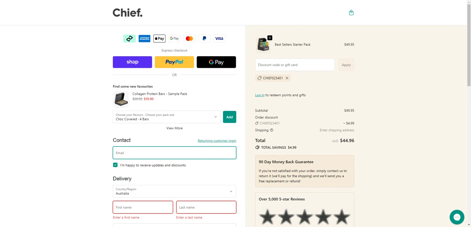 Chief Nutrition checkout page showing Chief Nutrition discount code box | Screenshot taken by SimplyCodes community member on Feb 5, 2026