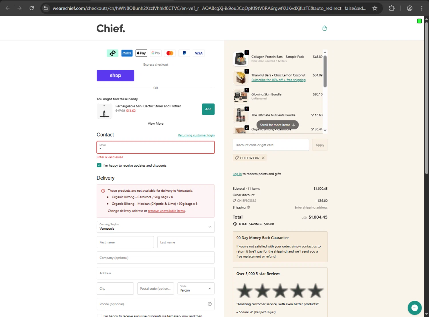 Chief Nutrition checkout page showing Chief Nutrition discount code box | Screenshot taken by SimplyCodes community member on Feb 5, 2026
