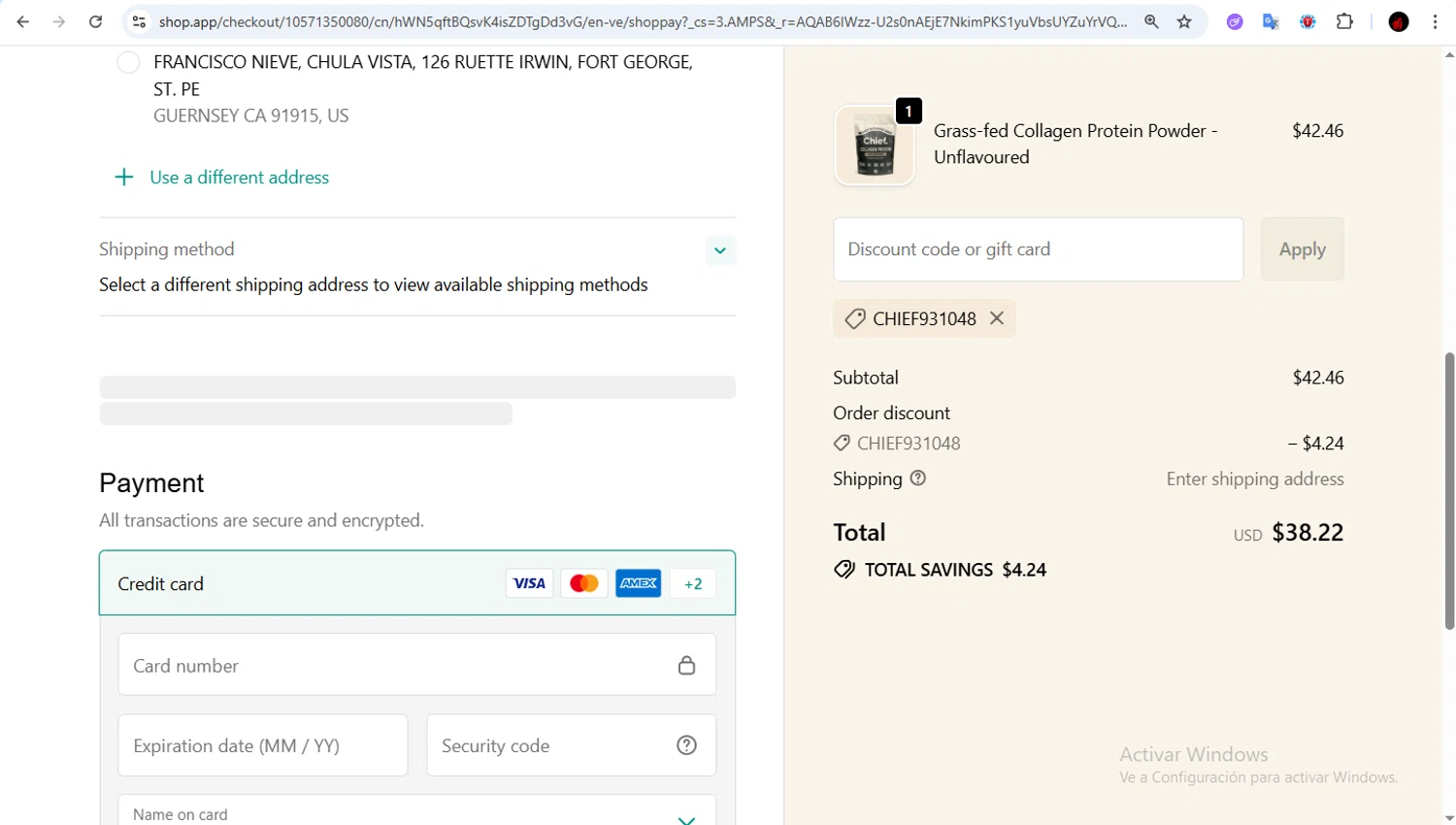 Chief Nutrition discount code screenshot showing code CHIEF931048 applied at Chief Nutrition checkout page. Uploaded by SimplyCodes community member Francisco01 on Nov 29, 2025