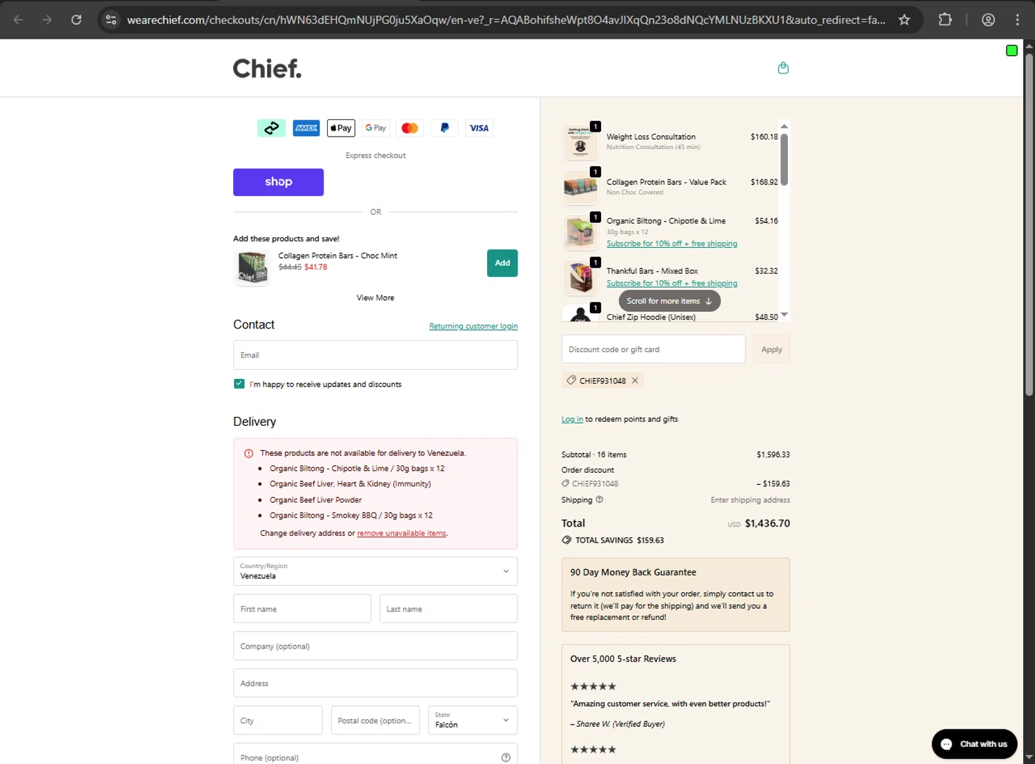 Chief Nutrition discount code screenshot showing code CHIEF931048 applied at Chief Nutrition checkout page. Uploaded by SimplyCodes community member Niideamrk on Dec 4, 2025