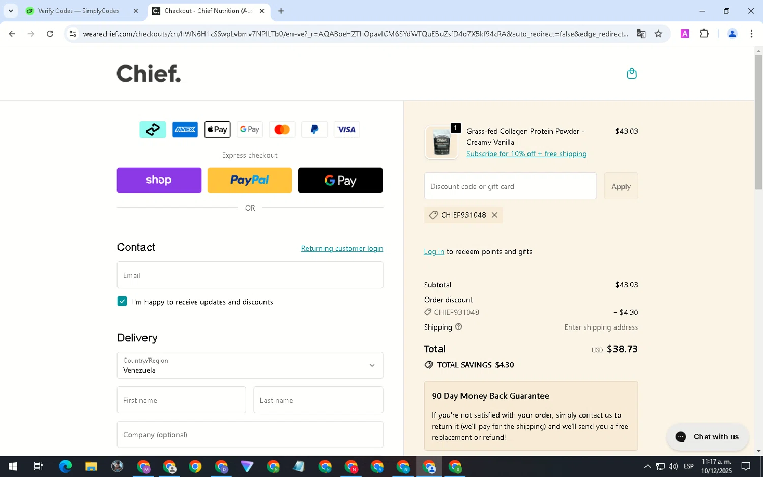 Chief Nutrition discount code screenshot showing code CHIEF931048 applied at Chief Nutrition checkout page. Uploaded by SimplyCodes community member WiseHero7115 on Dec 10, 2025