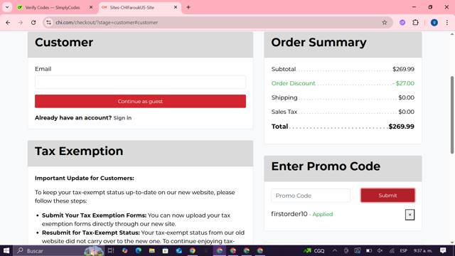 CHI checkout page showing CHI promo code box | Screenshot taken by SimplyCodes community member on Jul 11, 2025