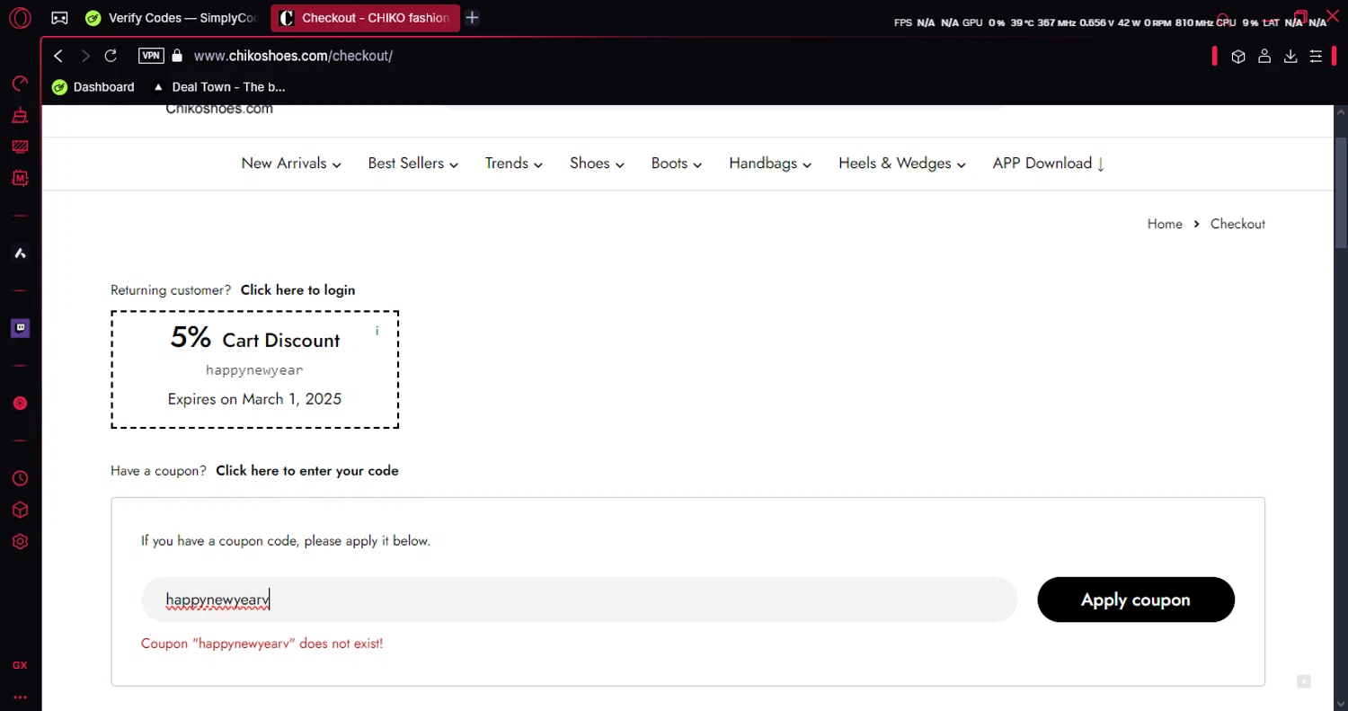 Chiko Shoes coupon code screenshot showing code happynewyear applied at Chiko Shoes checkout page. Uploaded by SimplyCodes community member luissi on Jan 3, 2025
