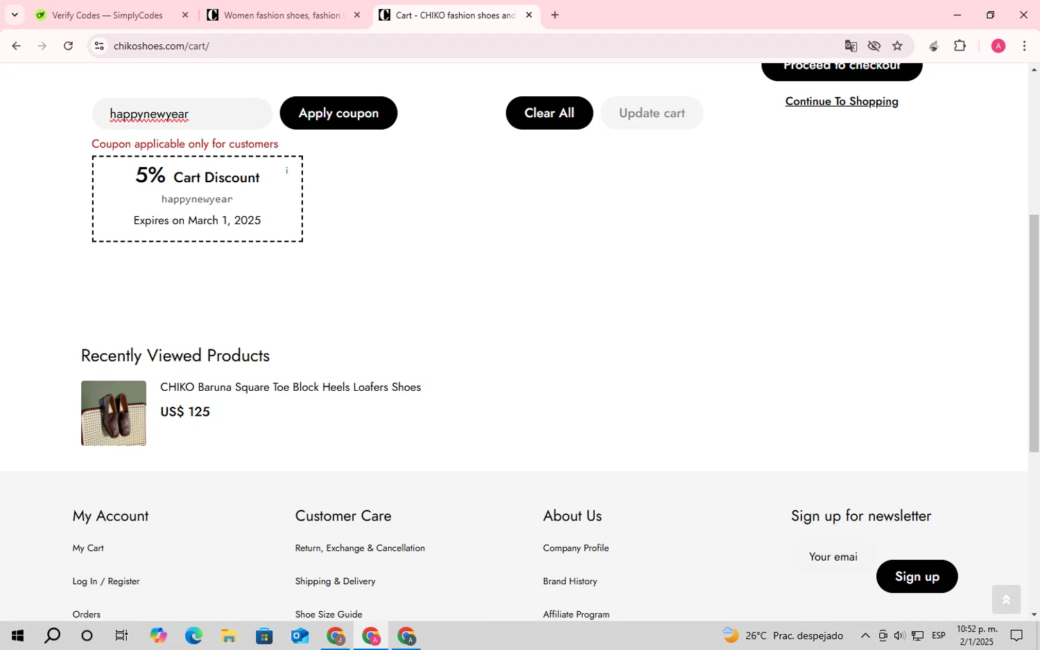 Chiko Shoes coupon code screenshot showing code happynewyear applied at Chiko Shoes checkout page. Uploaded by SimplyCodes community member SaleScholar6713 on Jan 3, 2025