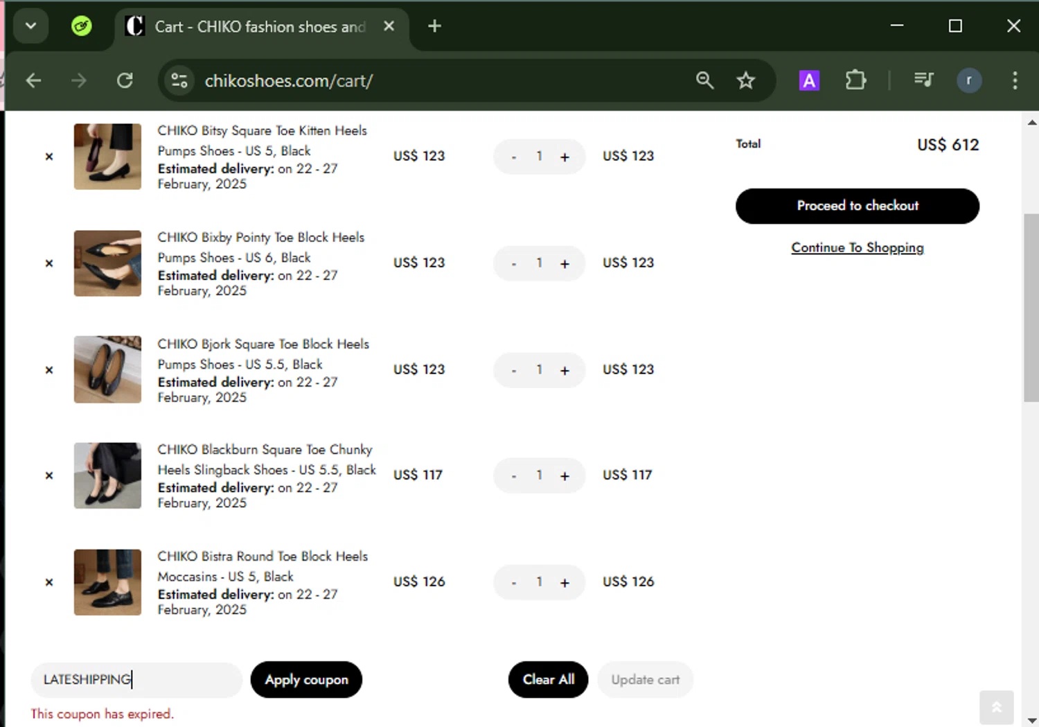 Chiko Shoes coupon code screenshot showing code LATESHIPPING applied at Chiko Shoes checkout page. Uploaded by SimplyCodes community member RamonAlexander on Feb 12, 2025