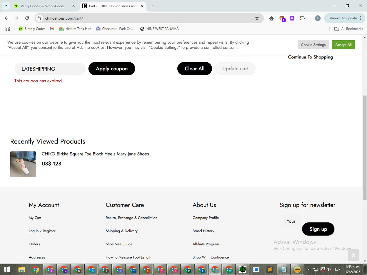 Chiko Shoes coupon code screenshot showing code LATESHIPPING applied at Chiko Shoes checkout page. Uploaded by SimplyCodes community member SmartSpotter5969 on Feb 12, 2025