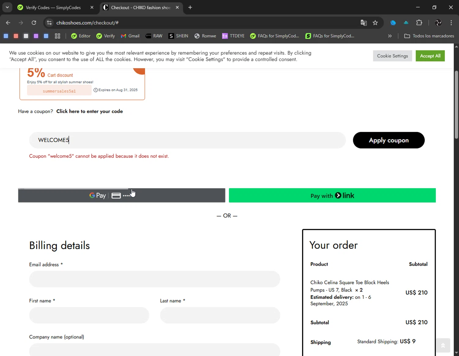 Chiko Shoes coupon code screenshot showing code WELCOME5 applied at Chiko Shoes checkout page. Uploaded by SimplyCodes community member Ryukyu on Aug 22, 2025