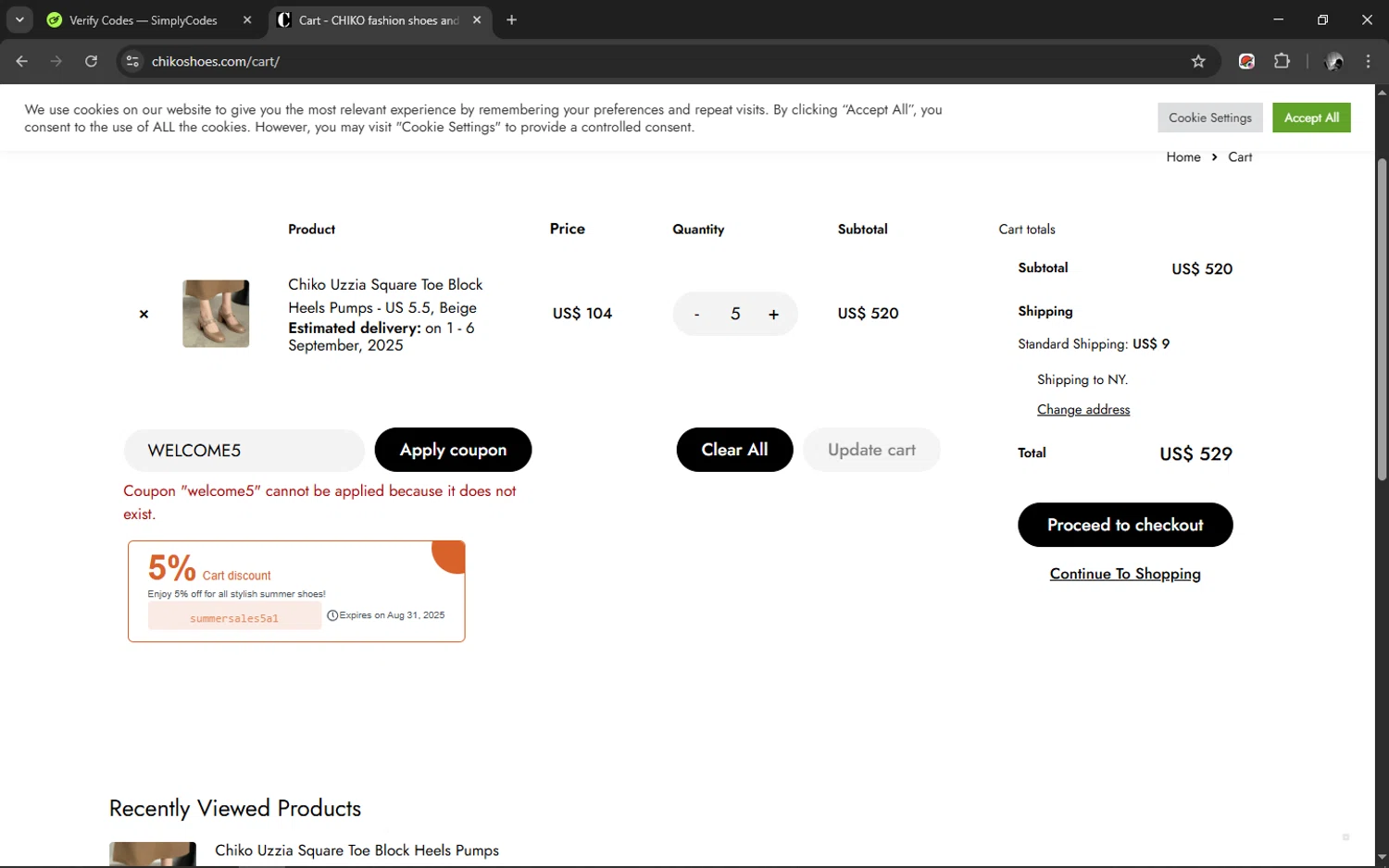 Chiko Shoes coupon code screenshot showing code WELCOME5 applied at Chiko Shoes checkout page. Uploaded by SimplyCodes community member TUNGTUNG on Aug 22, 2025