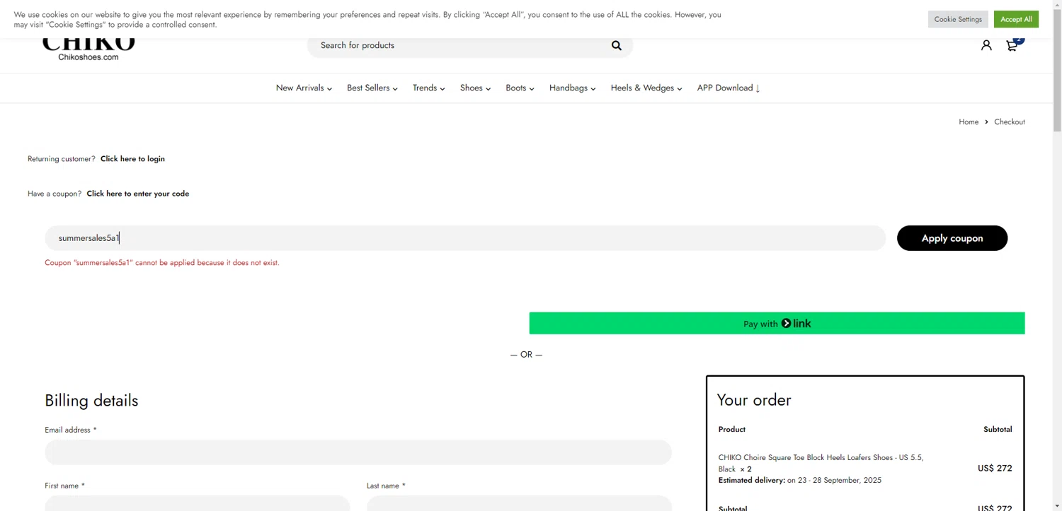 Chiko Shoes coupon code screenshot showing code summersales5a1 applied at Chiko Shoes checkout page. Uploaded by SimplyCodes community member CrownWhiz8114 on Sep 13, 2025
