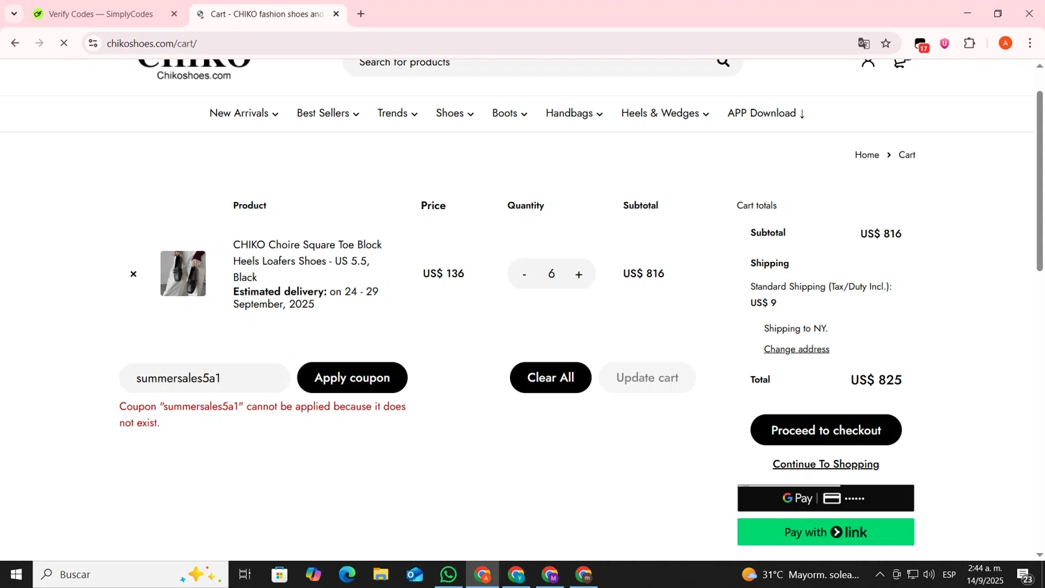 Chiko Shoes coupon code screenshot showing code summersales5a1 applied at Chiko Shoes checkout page. Uploaded by SimplyCodes community member FrugalSentinel6206 on Sep 14, 2025