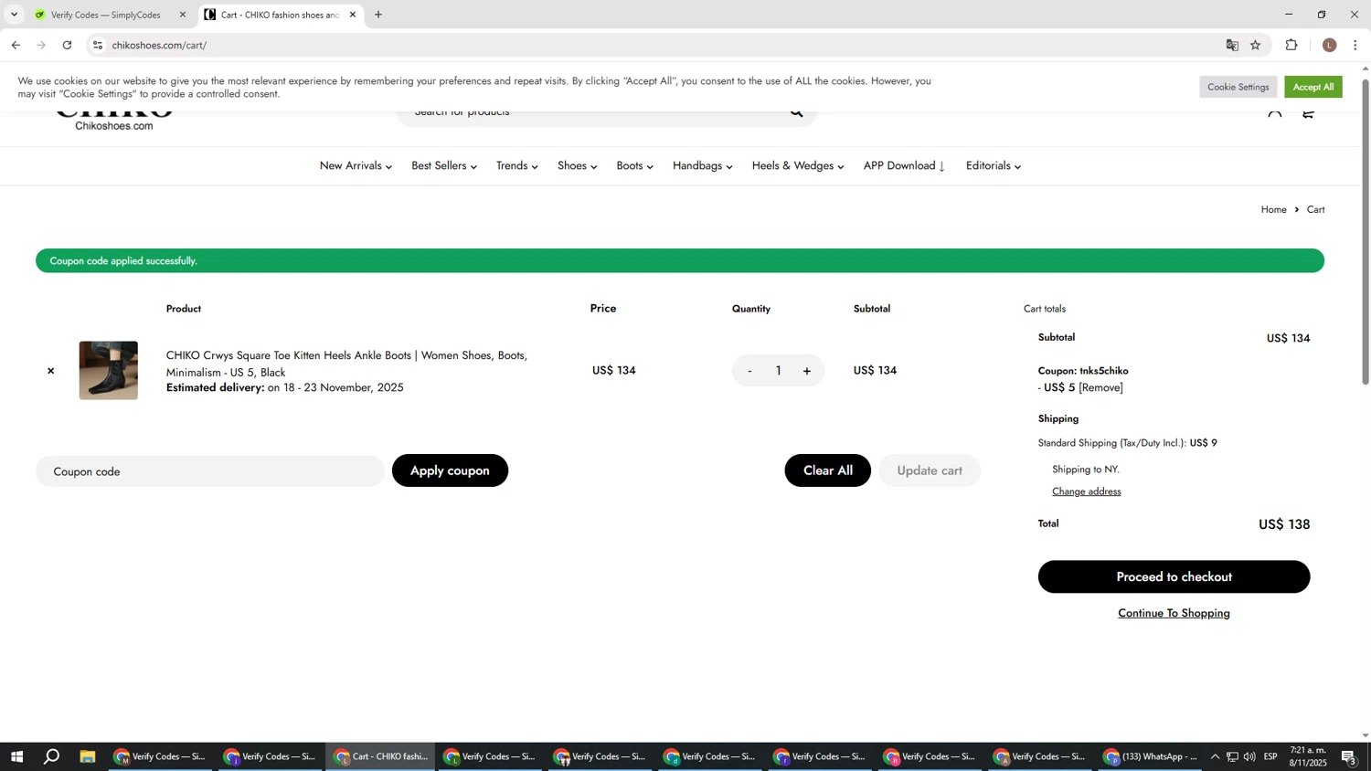 Chiko Shoes coupon code screenshot showing code tnks5chiko applied at Chiko Shoes checkout page. Uploaded by SimplyCodes community member BENELLI on Nov 8, 2025
