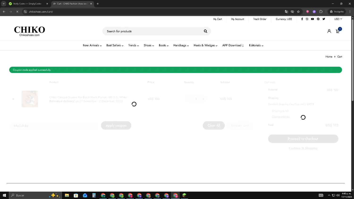 Chiko Shoes coupon code screenshot showing code tnks5chiko applied at Chiko Shoes checkout page. Uploaded by SimplyCodes community member CBR600 on Nov 17, 2025