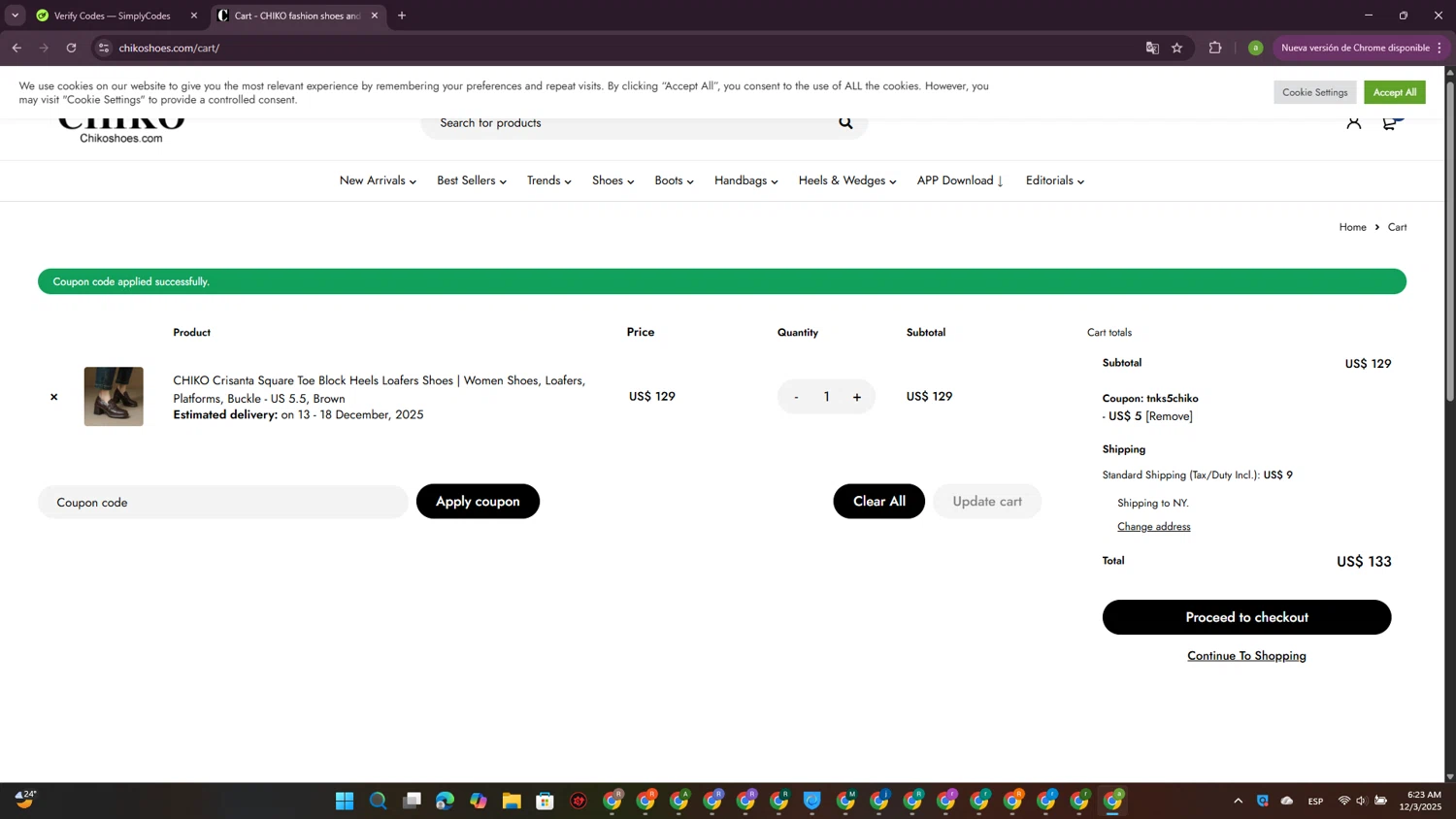 Chiko Shoes coupon code screenshot showing code tnks5chiko applied at Chiko Shoes checkout page. Uploaded by SimplyCodes community member DiscountSpotter1028 on Dec 3, 2025