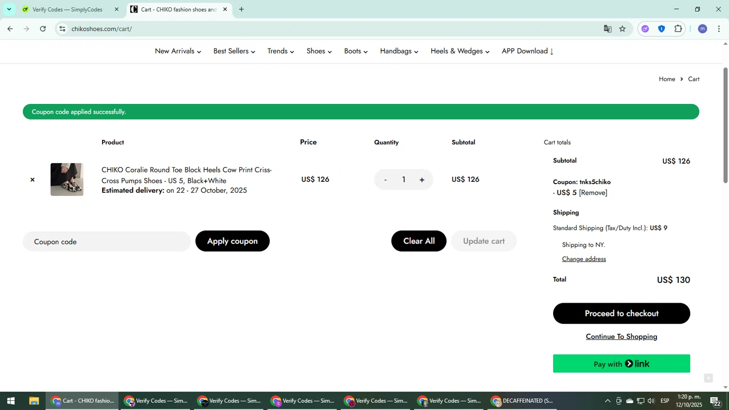 Chiko Shoes checkout page showing Chiko Shoes coupon code box | Screenshot taken by SimplyCodes community member on Oct 12, 2025
