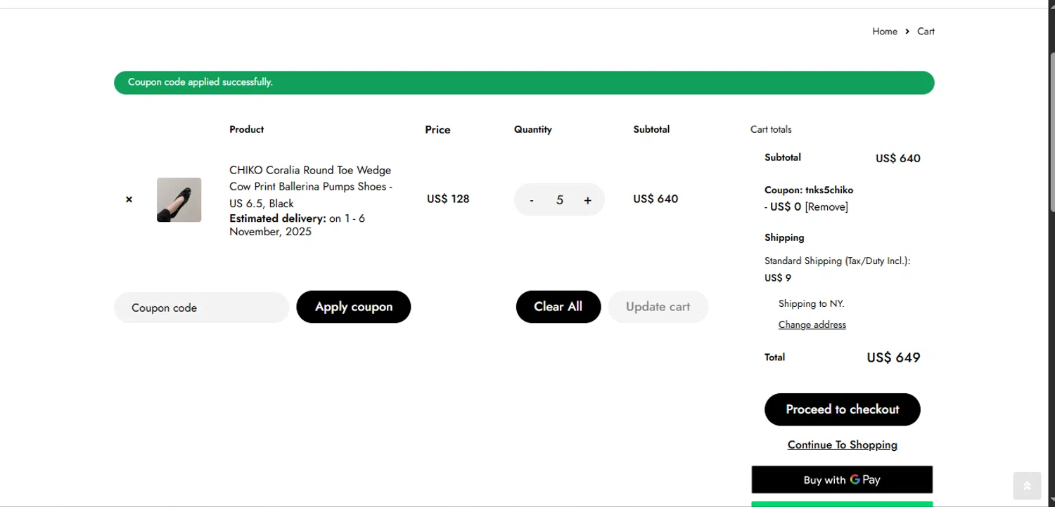 Chiko Shoes checkout page showing Chiko Shoes coupon code box | Screenshot taken by SimplyCodes community member on Oct 22, 2025