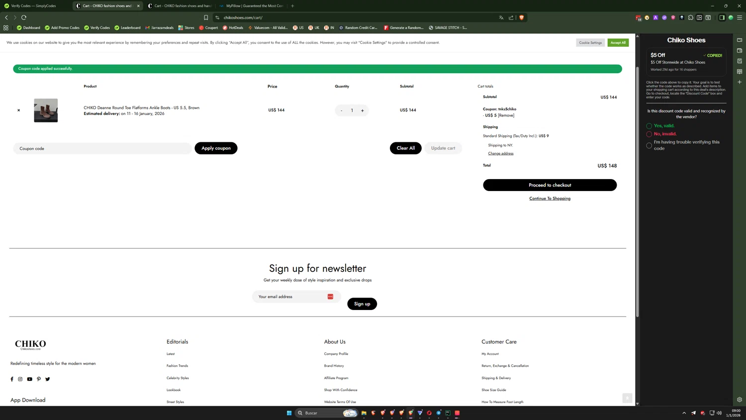 Chiko Shoes checkout page showing Chiko Shoes coupon code box | Screenshot taken by SimplyCodes community member on Jan 1, 2026