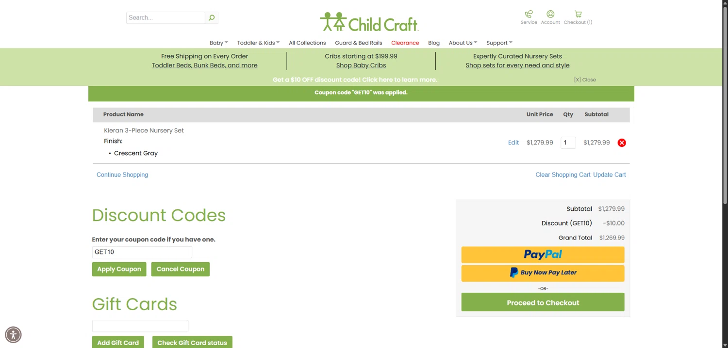 Child Craft discount code screenshot showing code GET10 applied at Child Craft checkout page. Uploaded by SimplyCodes community member VictoriousBoss8742 on Jun 16, 2025