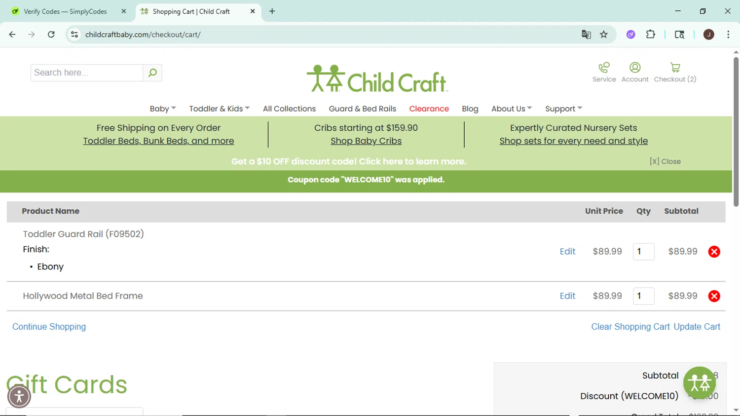 Child Craft discount code screenshot showing code WELCOME10 applied at Child Craft checkout page. Uploaded by SimplyCodes community member LegendaryAce8627 on May 19, 2025