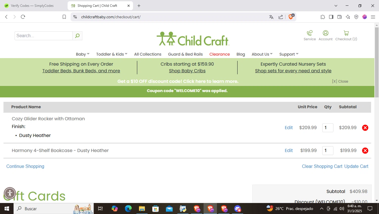 Child Craft discount code screenshot showing code WELCOME10 applied at Child Craft checkout page. Uploaded by SimplyCodes community member SapeGato on Mar 31, 2025