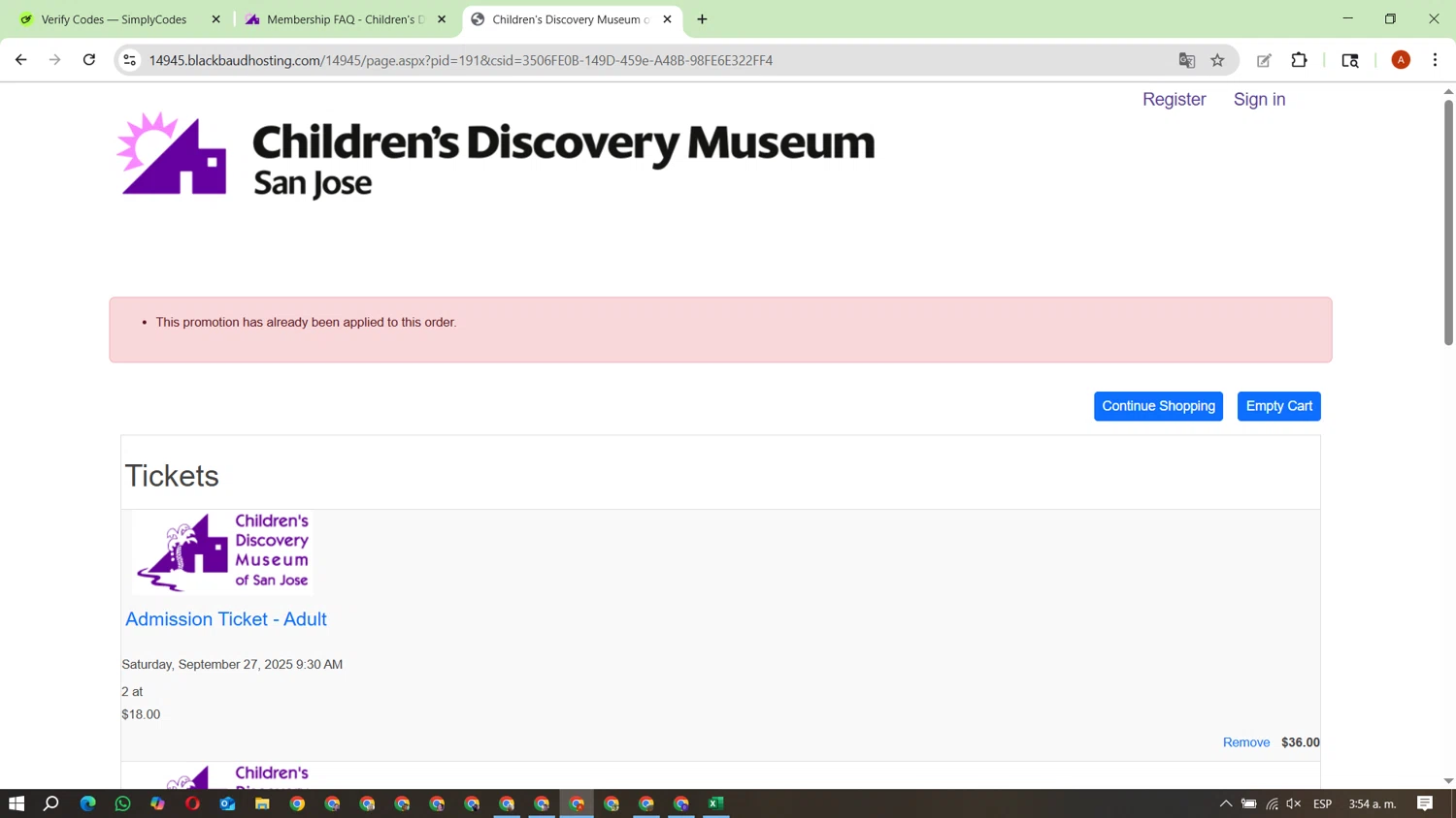 Children's Discovery Museum of San Jose promo code screenshot showing code CP applied at Children's Discovery Museum of San Jose checkout page. Uploaded by SimplyCodes community member FundoKadmiel on Sep 27, 2025