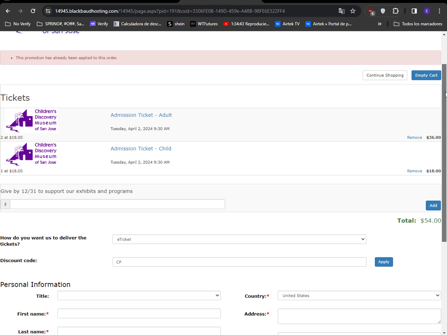 Children's Discovery Museum of San Jose checkout page showing Children's Discovery Museum of San Jose promo code box | Screenshot taken by SimplyCodes community member on Apr 2, 2024
